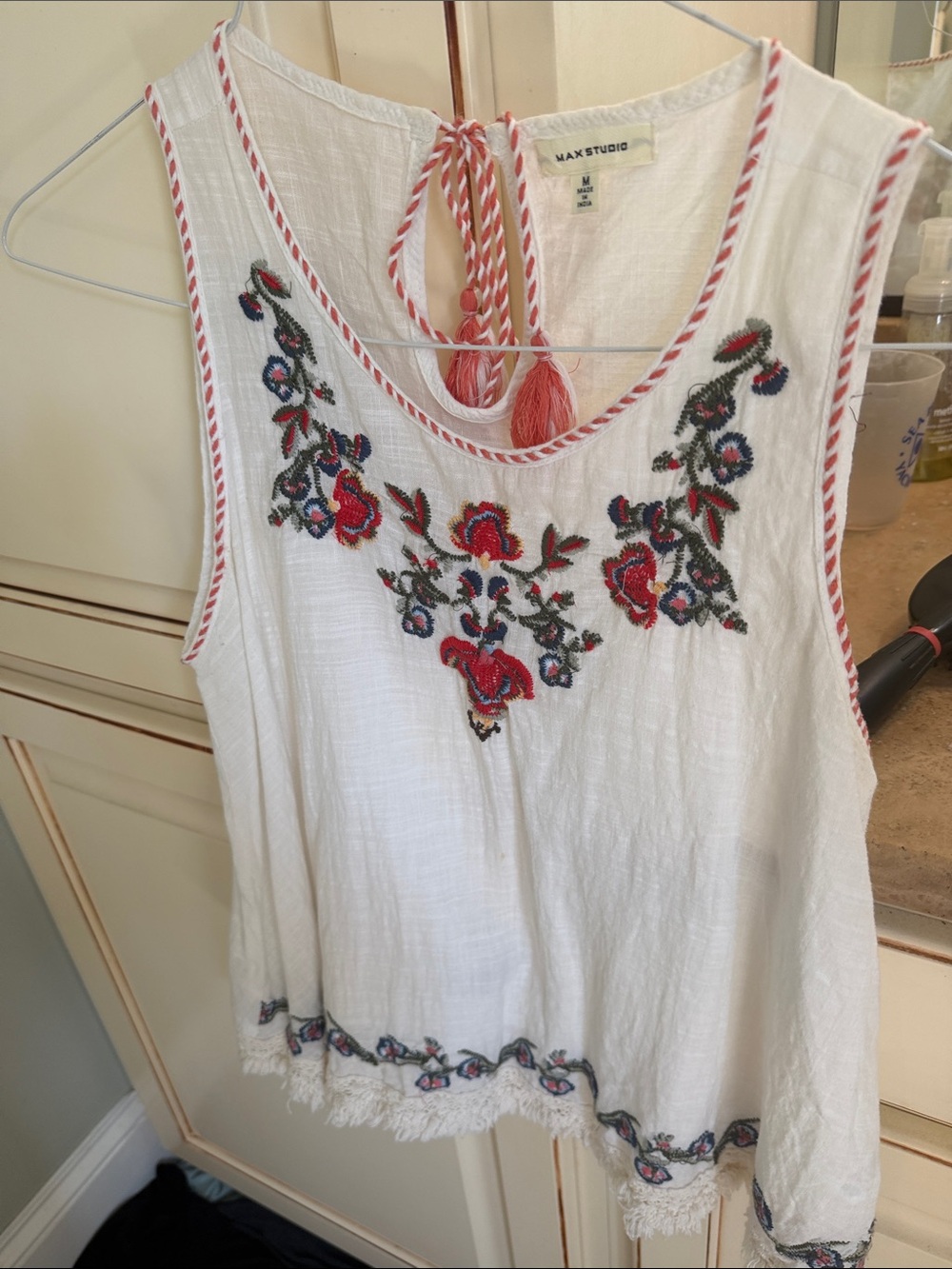 Max Studio White Embroidered Tassel Camisole with Red Floral Accents